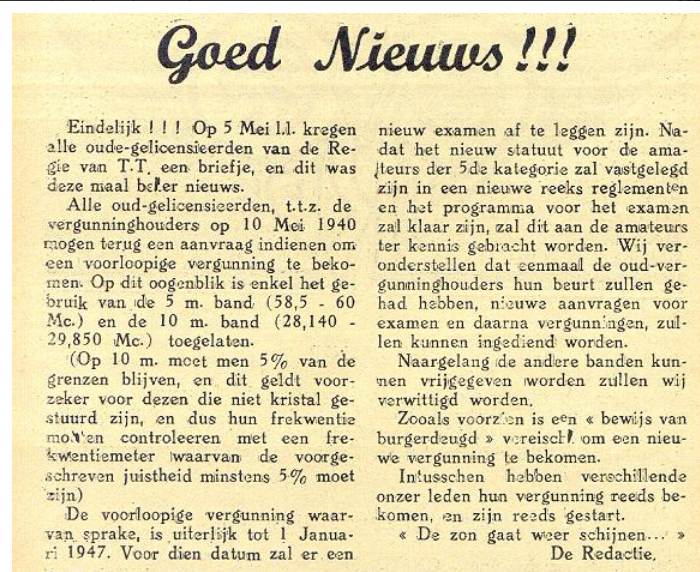 Eerste goed nieuws na WW2 - artikel